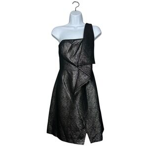 Halston Heritage One Shoulder Draped Metallic Mini Dress Black Silver NWT Size 0